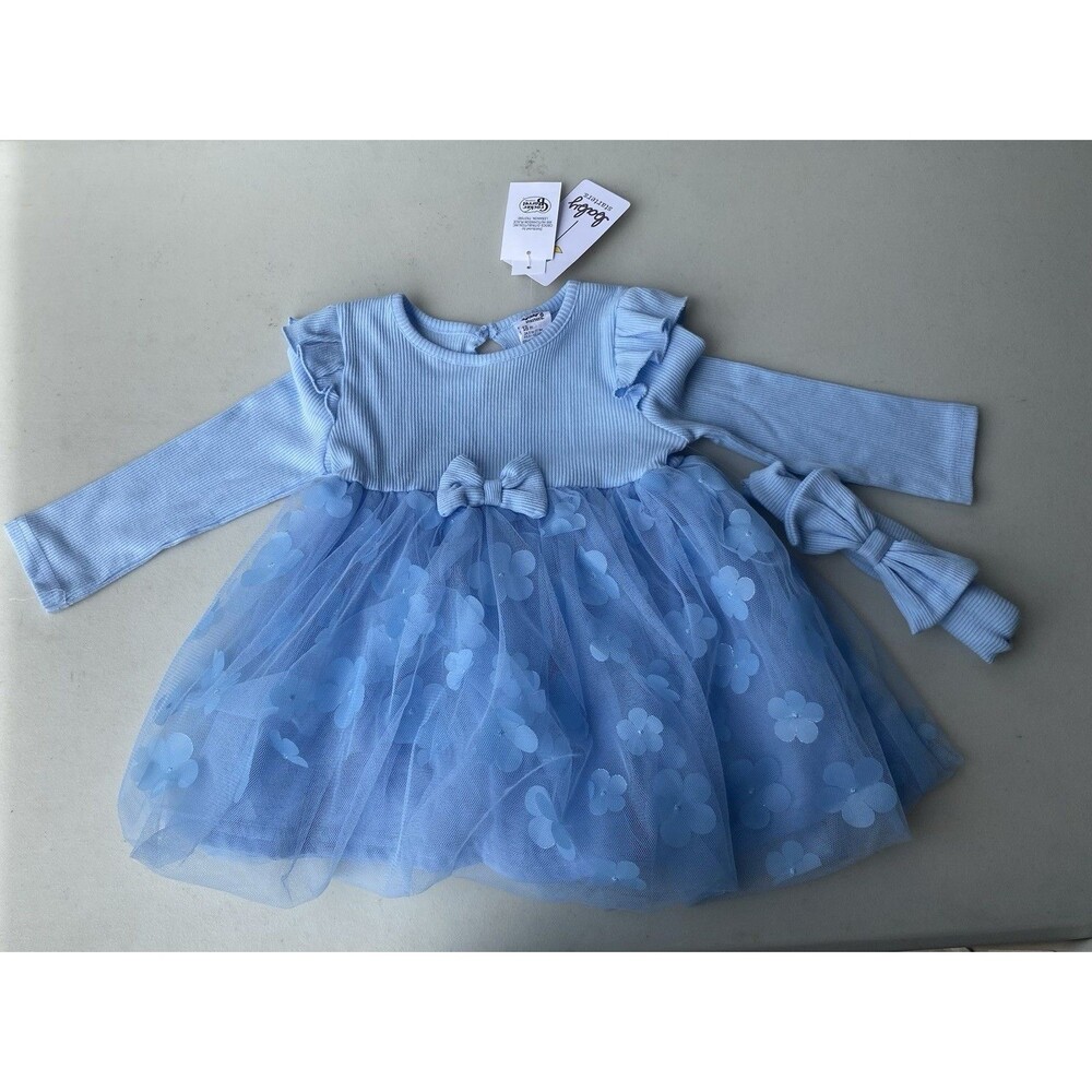 NWT Baby Starters Blue Tulle Floral Dress Headband Set 18M 3D Flower
